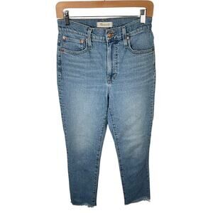 Madewell Perfect Vintage Jeans 26 Light Wash Straight Mom Fringe Hem Stretch